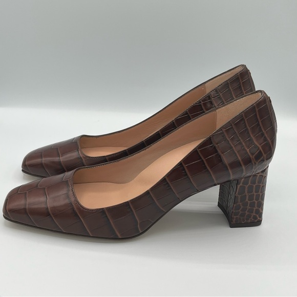 Inez Frida Heels in Mocha Croco | Brown Croc Embossed Leather Block Heel Pumps - Picture 2 of 10